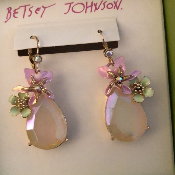 Betsey Johnson Gold Tone Tropical Flower, Starfish Blush Crystal Drop Earrings - Picture 5 of 15